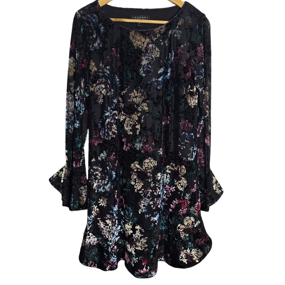 Laundry by Shelli Segal Black Velvet Floral Print Long Sleeve Ruffle Dress 10